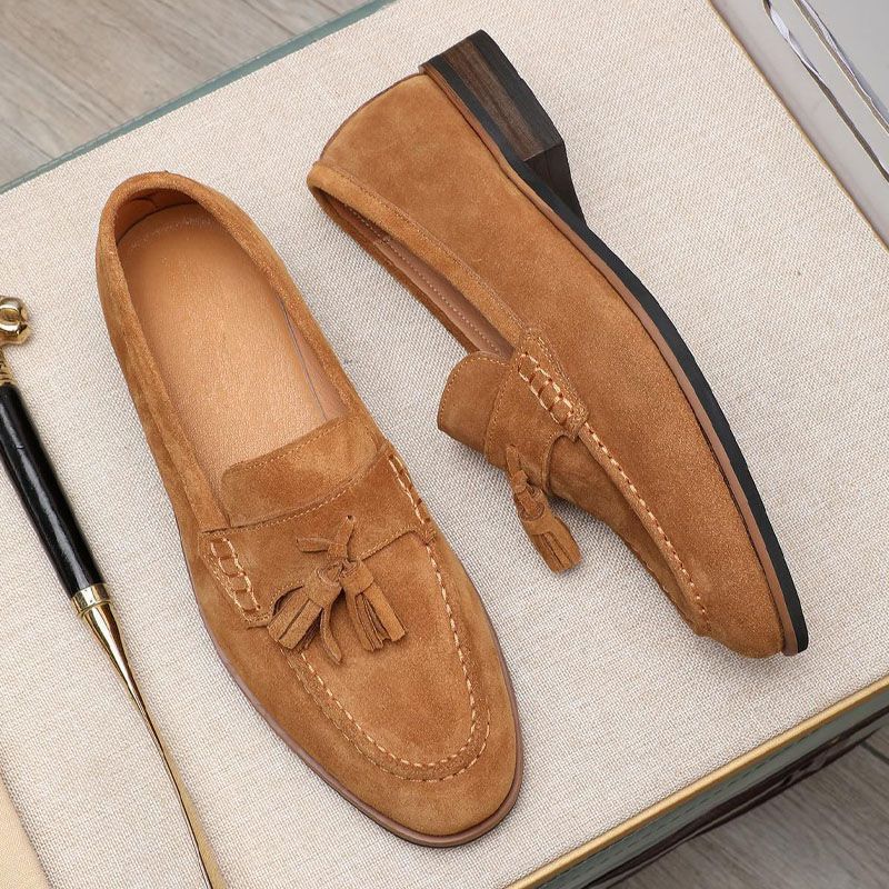 Business Men's Suede Genuine Leather Tassel Casual Slip-On Luxury Brown Loafers Wedding Shoes_vogvips.com