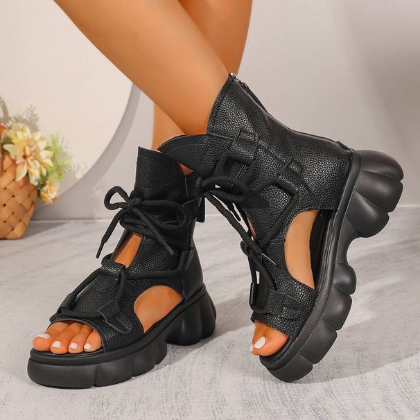 New Vintage Hollow Leather Boots Sandals Fashion Front Lace-up Thick Soles Solid Color Open Toe Cool Boots_vogvips.com