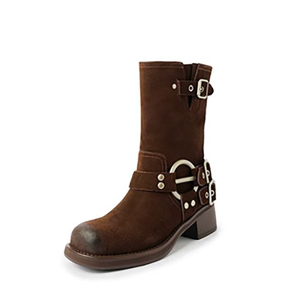 Women's Shoes Nubuck Leather Retro Western Boots Autumn And Winter New Thick Heel Rubbed Color Distressed Mid Calf Boots Knight Boots Martin Boots_vogvips.com
