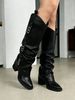Women's Fold Over Knee High Boots With Heart Buckles Pointed Toe Chunky Heel Black Glossy Faux Leather Punk Fashion Riding Goth Spring Fall Boots_vogvips.com