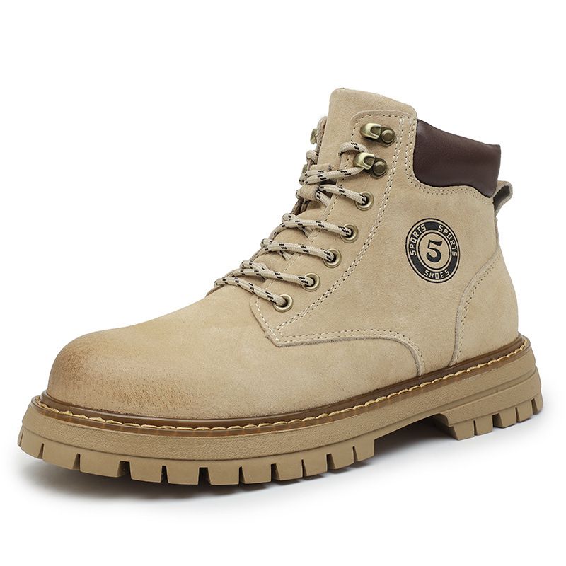 Men's Genuine Leather Mid-Calf Work Boots With Thick Sole - Chunky Martin Boots For Men & Women, Casual Round Toe Boots In Golden & Sand_vogvips.com