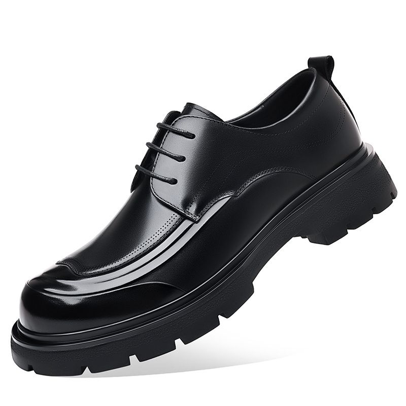 Men's Burnished Leather Lace Up Derby Shoes Chunky Platform Sole Low Heel Formal Wedding Business Office Smart Casual Dress Shoes_vogvips.com