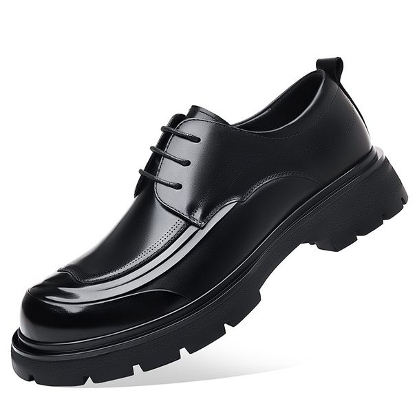 Men's Burnished Leather Lace Up Derby Shoes Chunky Platform Sole Low Heel Formal Wedding Business Office Smart Casual Dress Shoes_vogvips.com