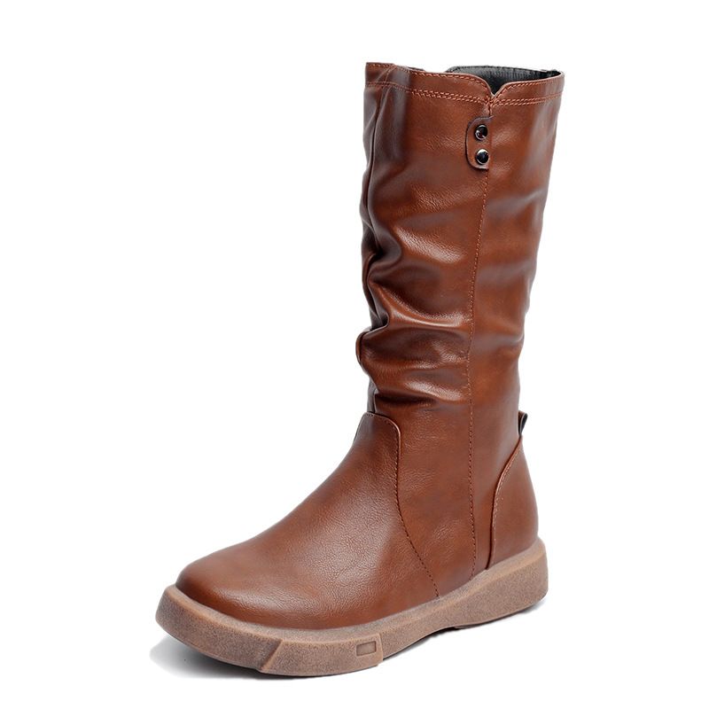 Winter Pleated mid Calf Boots for Women Retro Style plus Size Side Zipper Slim Fit Casual Booties_vogvips.com