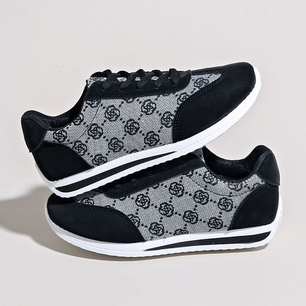 Womens Brown Monogram Print Casual Sneakers Low Top Lace Up Shoes Daily Outfit_vogvips.com