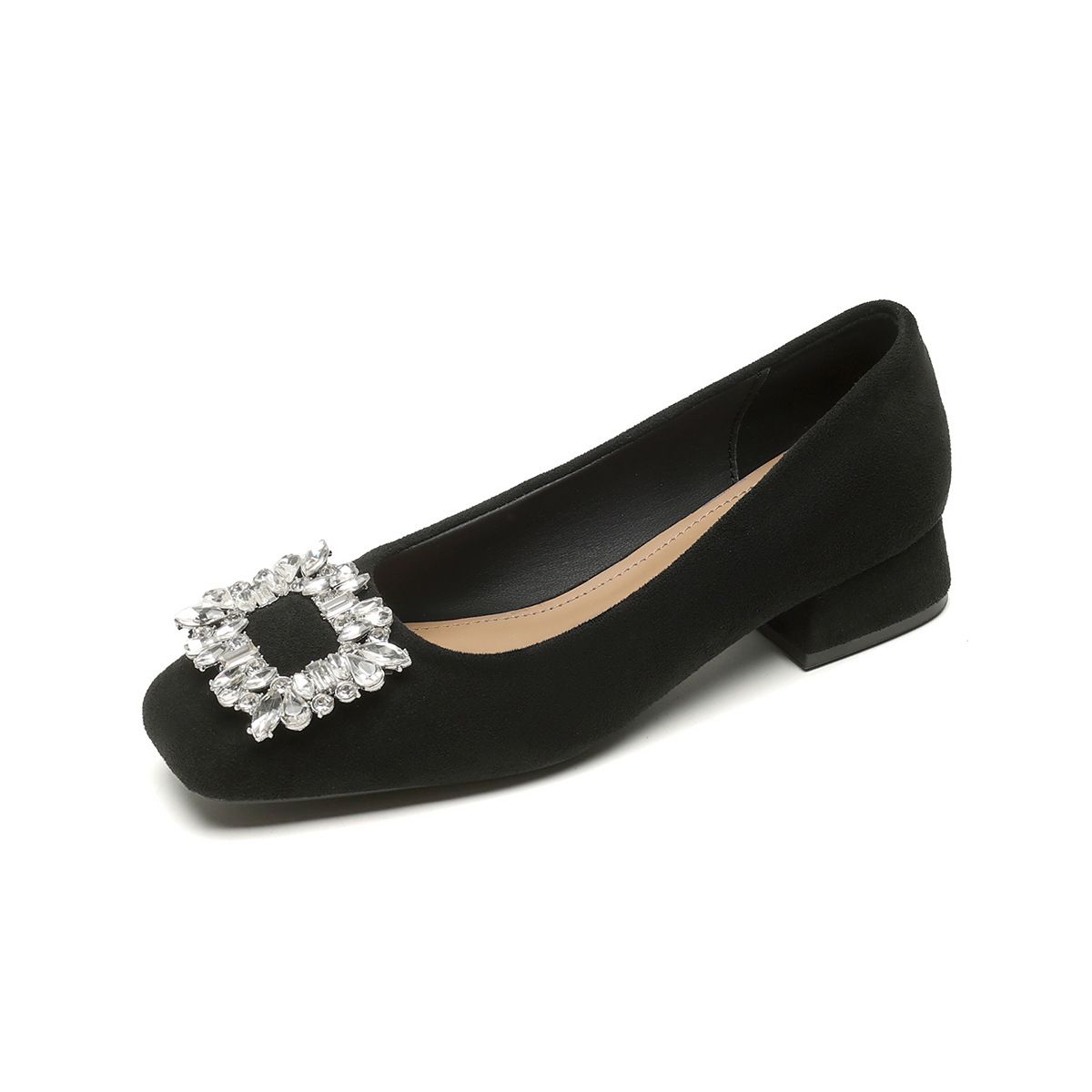 Square Head Single Shoes Women's Thick Heel French Black Work Shoes Rhinestone Shallow Mouth High Heels Women_vogvips.com