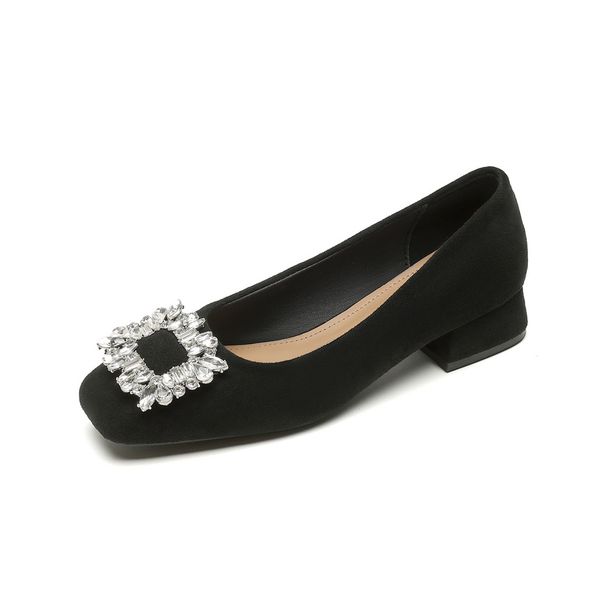 Square Head Single Shoes Women's Thick Heel French Black Work Shoes Rhinestone Shallow Mouth High Heels Women_vogvips.com