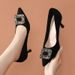 Elegant Rhinestone Square Buckle Pointed-toe High Heel Shoes, 7.5 Cm, Versatile, Fashionable, Comfortable, Suede Surface Women's Shoes_vogvips.com