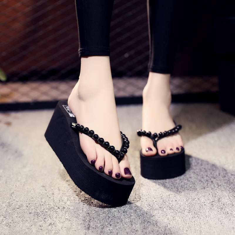 Women's Thick-Soled High-Heeled Toe-Post Korean Style Outdoor Pearl Beach Vacation Sandals_vogvips.com