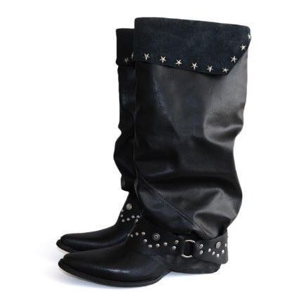 Retro Pointed Toe Studded Trouser Boots Black Chunky Heel Metal Buckle Slouch Boot Hot Girl Wasteland Style Fall Winter New_vogvips.com