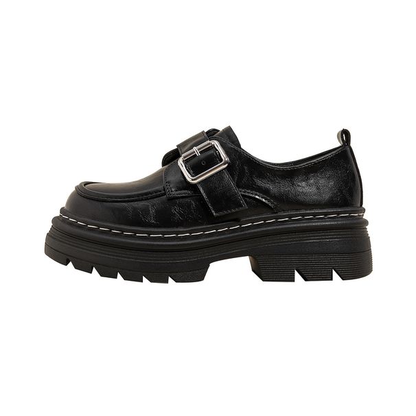 Platform Loafers Women's Autumn And Winter One-word Buckle With Retro Small Leather Shoes College Style Single Shoes_vogvips.com