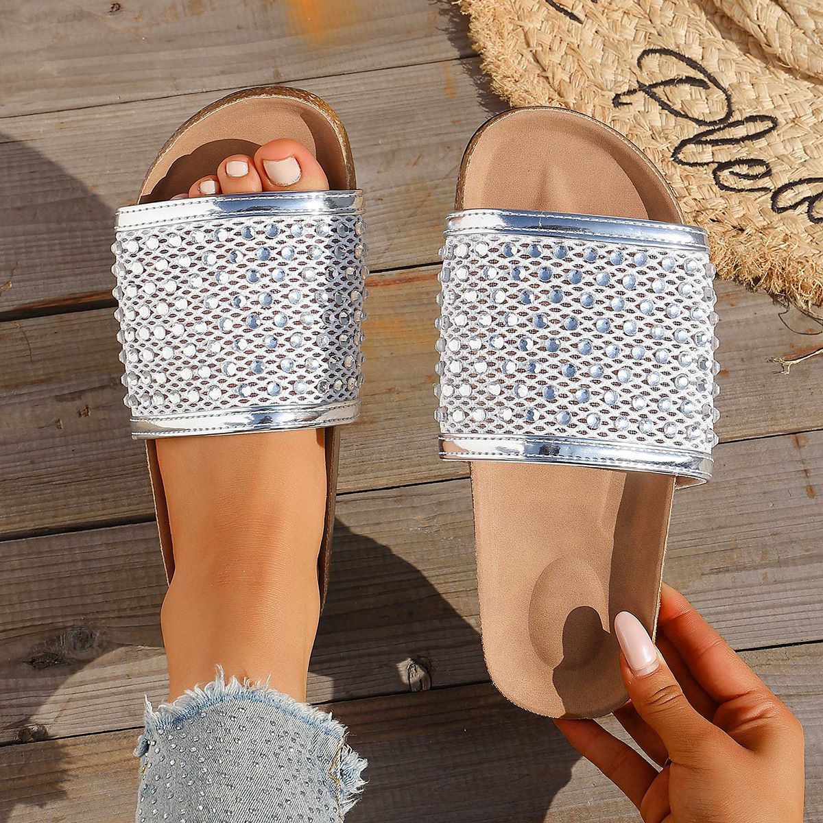 New 2025 One Strap Rhinestone Handmade Thick Sole Fishnet Sandals Black Brown Women's Outdoor Beach Slides_vogvips.com