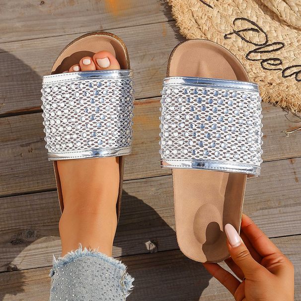 New 2025 One Strap Rhinestone Handmade Thick Sole Fishnet Sandals Black Brown Women's Outdoor Beach Slides_vogvips.com