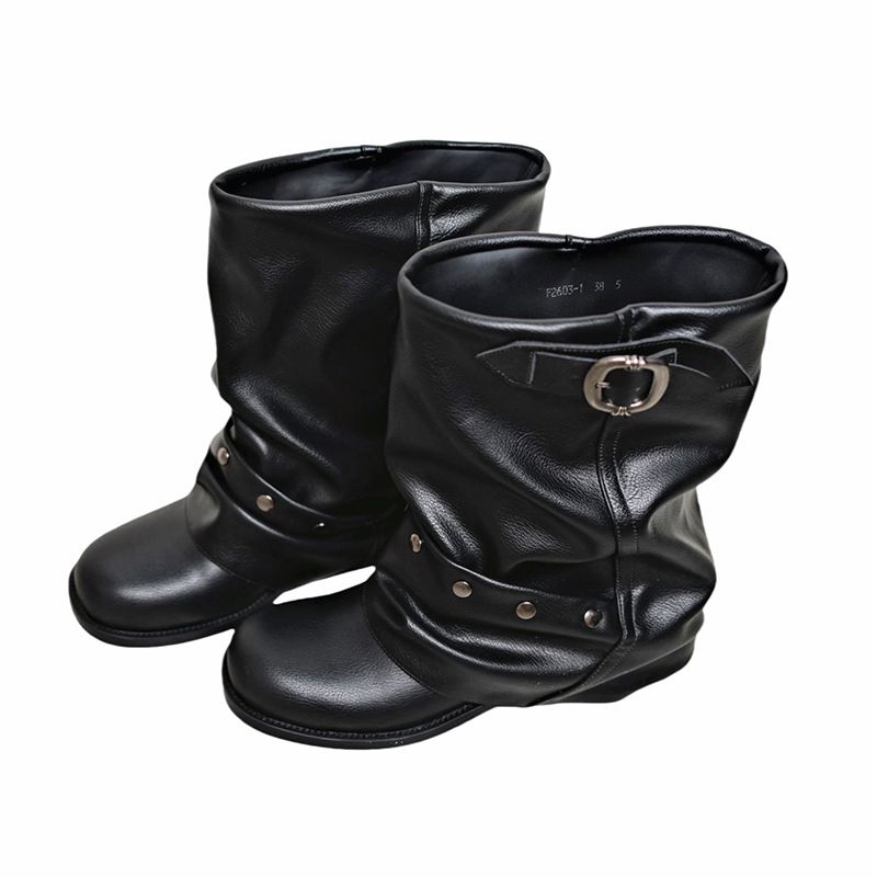 Designer Spicy Girl Women's Boots With Rivets And Distressed Details,Black Western-Style Cowboy Boots Short Strap Boots With Buckle Martin Boots_vogvips.com