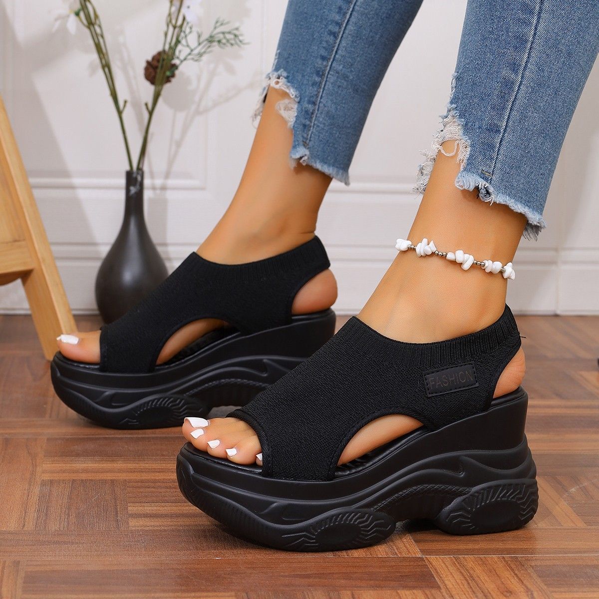 Thick Sole Sandals Women's Summer New Fish Mouth Plaideasiest For Match Flyknit Sports Casual Sandals_vogvips.com