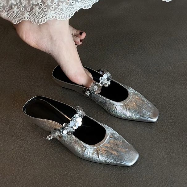 Silver Color Height Increasing Closed-Toe Shoes For Women With Square Toe, Sequins, Flower, One-Strap, And Ruched Design_vogvips.com
