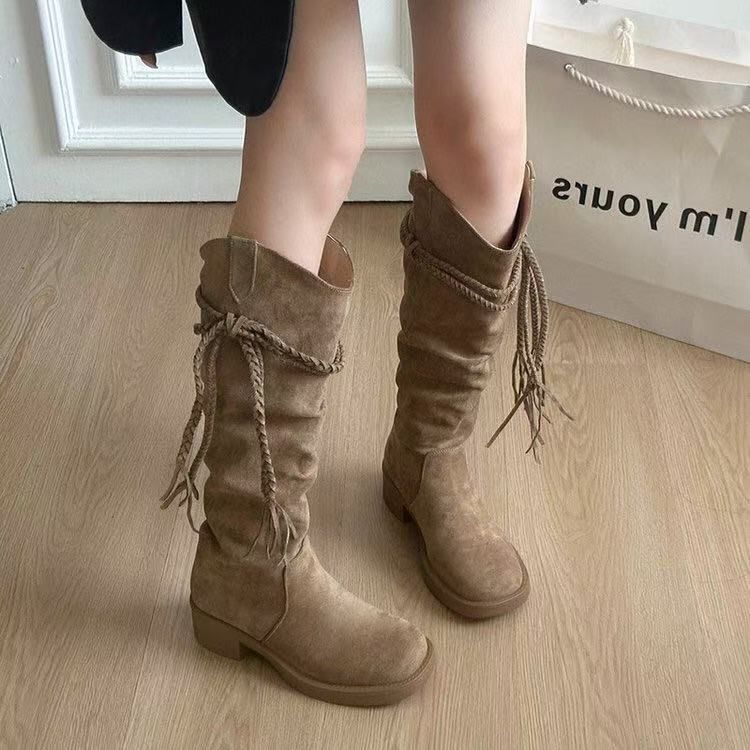 2025 Autumn Tassel Knight Thick Heel Over-the-Knee Long Slimming Slouch High Boots Women_vogvips.com