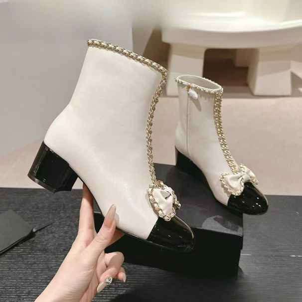 2025 Autumn And Winter Xiaoxiangfeng Short Boots Women's Leather Round Head Solid Color Thick High Heel Side Zipper Metal Thick Heel Short Boots_vogvips.com