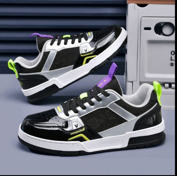 Men Black Fluorescent Green Color Block Skate Shoes Floral Printed Leather Lace Up Platform Casual Sneakers_vogvips.com