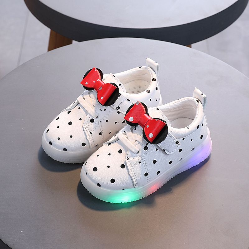 2026 Spring And Autumn Children's Light-Up Sneakers For Girls, Bowknot Polka Dot Casual Baby Glowing Shoes, Trendy_vogvips.com