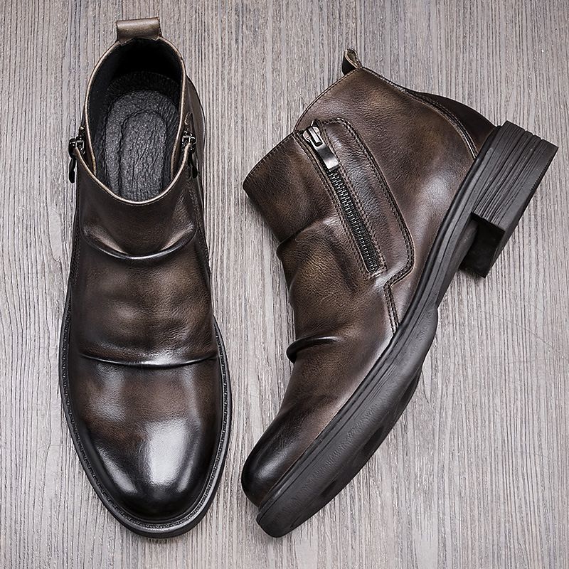 European Warm Series Fleece-Lined Trendy Face British Style Short High-Top Genuine Leather Martin Men's Motorcycle Boots_vogvips.com