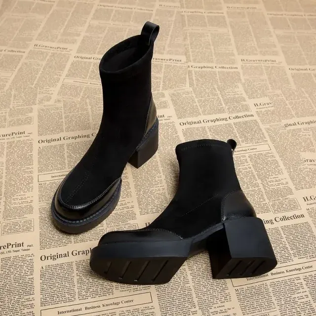 Short Shoes For Woman Black Women's Ankle Boots Sock Footwear Combat Booties Very High Heels Suede Punk Style Heeled_vogvips.com