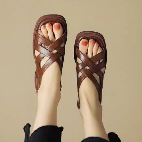 Bebealy Women Shoes Korean Version Retro Woven Fashion Sandals Spring New Rubber Low Heel Square Toe Beach Slippers Roman Shoes_vogvips.com