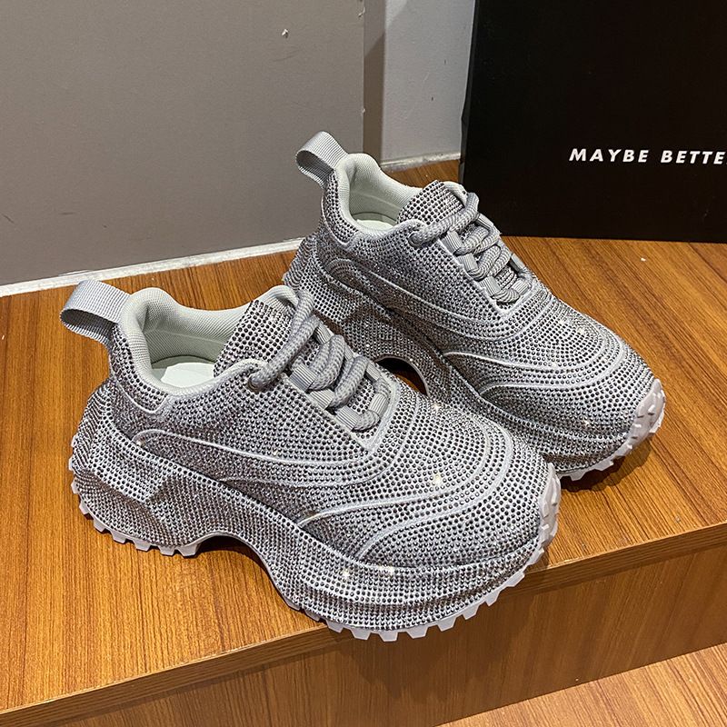 Chunky Platform Sneakers For Women With Rhinestone Detailing - Fashionable Round-Toe Casual Shoes For Everyday Wear_vogvips.com