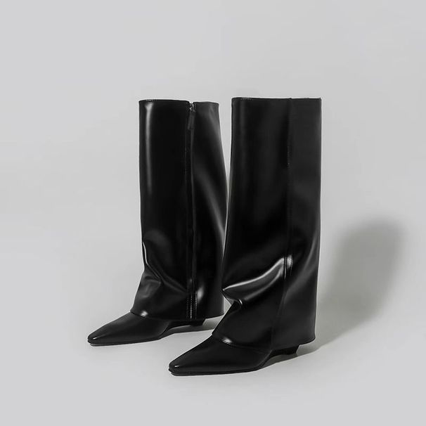 Women's Dark Aesthetic Black Knee High Boots With Pointed Toe And Platform Heel Edgy Gothic Straight Cut Riding Boots Fashionable Chunky Heel Boots_vogvips.com