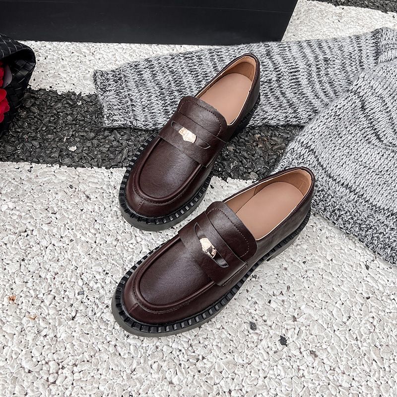 New slip-on small leather shoes niche retro chunky single shoes_vogvips.com