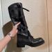Sheepskin~ A Miu's Round Head Thick Heel Retro Niche Long Boots Women's Belt Buckle Lace-up Fashionable Fine Medium Tube Knight Boots_vogvips.com