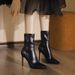 Huangbu Women's Shoes 2025 Autumn Winter New Elastic Slim Leather Red Sole Pointed Toe Thin Heel Elegant Black Short_vogvips.com