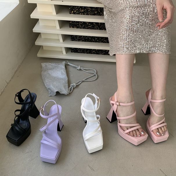 2025 Spring And Summer New Cross Strap Thick High Heel Waterproof Platform Pink Square Toe Women's Sandals_vogvips.com
