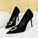 825-K69 Korean Style Fashion Party High Heels Stiletto Women's Suede Shallow Mouth Pointed Toe Metal Rhinestone Buckle_vogvips.com