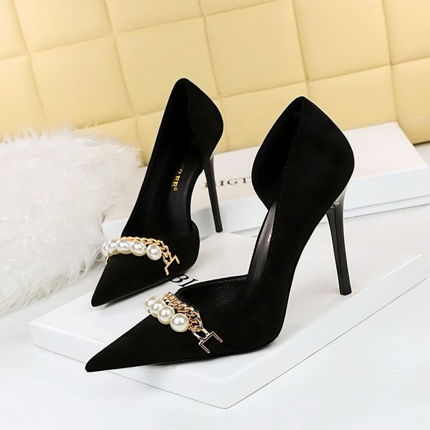 Elegant Pearl Metal Chain Pointed Toe Stiletto Pumps With Side Cut Out Design Slimming Suede Evening Shoes For Women_vogvips.com