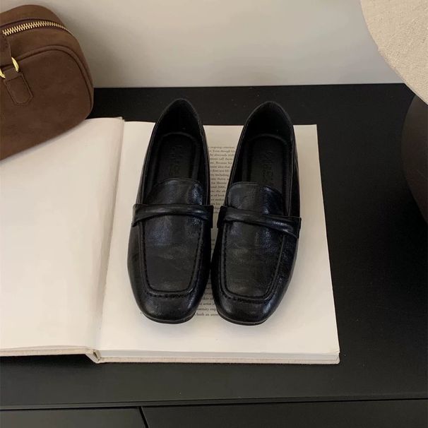 Version Goatskin Retro Flat Shoes Female Square Toe British Style Loafers Soft Leather Work Clothing Slip-on Gommino_vogvips.com