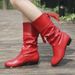 New Trendy Round Toe Low Chunky Heel Ribbon Leather Women's Plus Size Mid-Calf Short Boots_vogvips.com