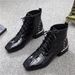 European Station Women's Shoes 2024 Autumn And Winter New And Bare Boots Lace-up Patent Leather Boots Women's Thick Heel Flat British Martin Boots_vogvips.com