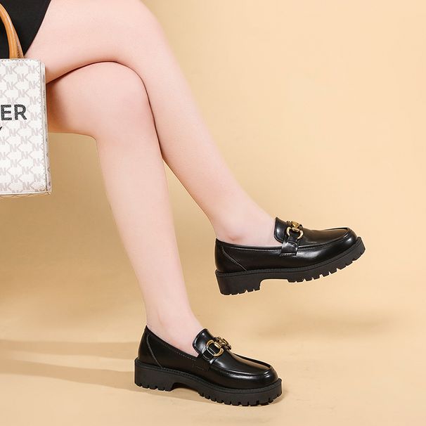 Black Loafers With Gold Chain Buckle Chunky Sole Slip On Casual Shoes For Women Vintage Style_vogvips.com