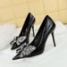 3391-H21 Wind High Slim Stone Pattern Lacquer Leather Shallow Mouth Pointed Rhinestone Bow Single Heels_vogvips.com