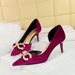 Women S High Heel Suede Shallow Mouth Pointed Side Hollow Rhinestone Buckle Pearl Bow Single Shoes_vogvips.com