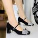 5296-H65 Korean Version Word With Rhinestone Buckle Mary Jane Single Shoe Square Toe Thick Sequin Bow Middle Heel_vogvips.com