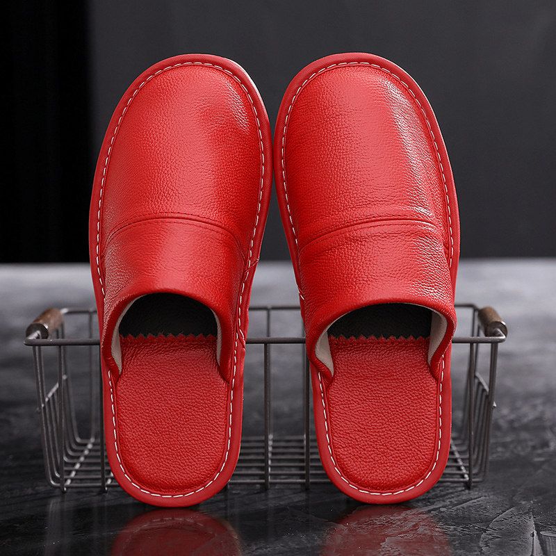 MTX Genuine Leather Home Cotton Men, Autumn And Indoor Waterproof Non-Slip Thick Sole Couple Full Cowhide Slippers For Women_vogvips.com