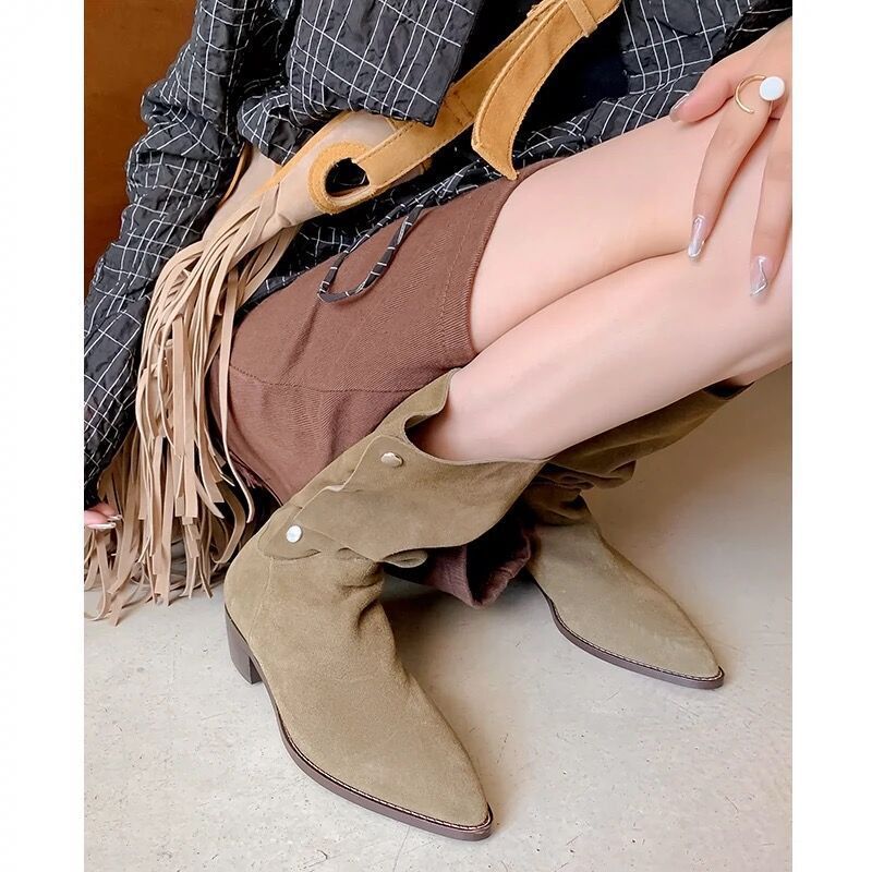 One Shoe, Two Wearing Pleated Frosted Pile Up Boots, Women's Thick Heels, Temperament, Pointed Buttons, Mid Length Boots_vogvips.com
