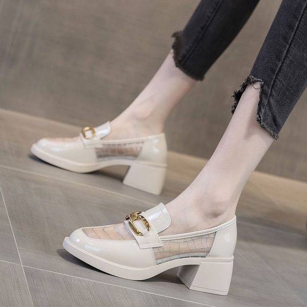 New Women's Shoes With Chunky Heels, Summer Breathable Thin Thick-soled Slip-on Loafers, Popular Online, In Beige And_vogvips.com