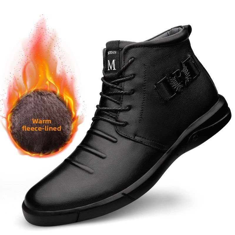 Sewing Line Flat Heel Casual Men's Black Martin Boots Front, Solid Color Shoes_vogvips.com
