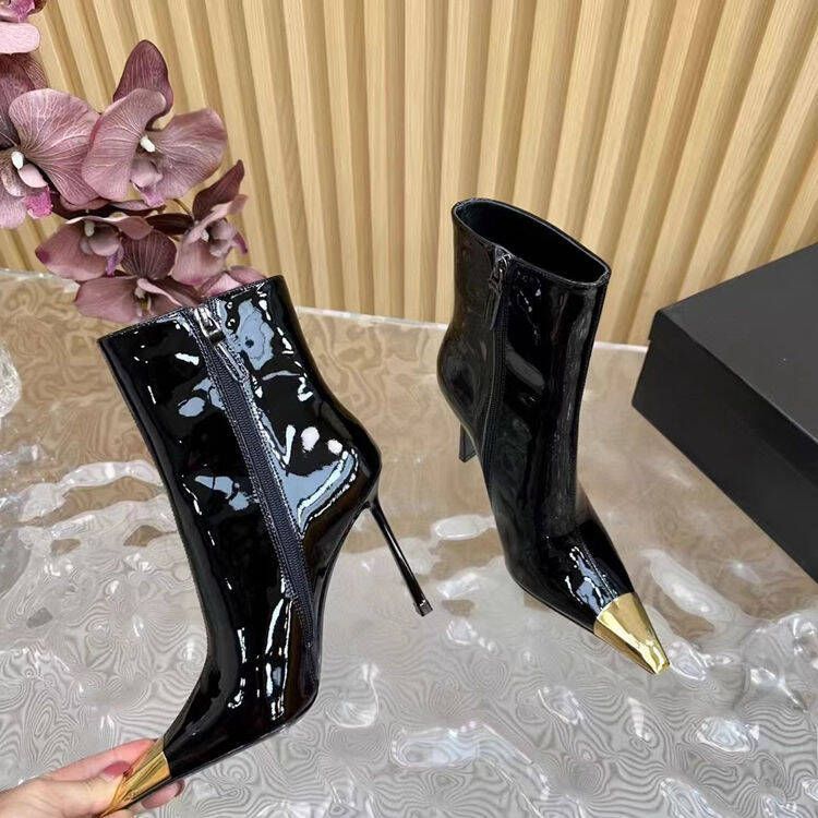 Women's Shoes Short Boots For Women New Black And Gold Stiletto High Heel Boots Metal Head Fashion Boots_vogvips.com