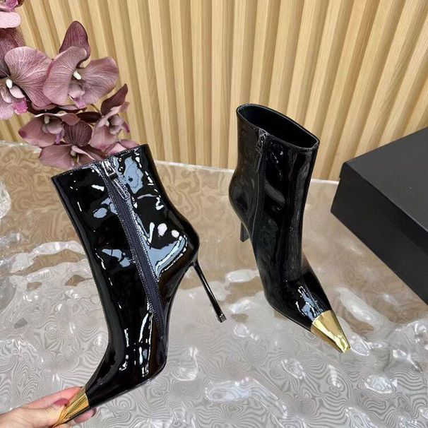 Women's Shoes Short Boots For Women New Black And Gold Stiletto High Heel Boots Metal Head Fashion Boots_vogvips.com