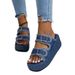 New Large Size Lame Heel Denim Belt Buckle Slip On Sandals For Women Summer Outdoor Thick Soled Slippers_vogvips.com