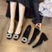 Black Suede High Heels For Women In Spring And Autumn 2025, Square Toe, Thick Heel, Shallow Mouth, Rhinestone, Professional French Single Shoes_vogvips.com
